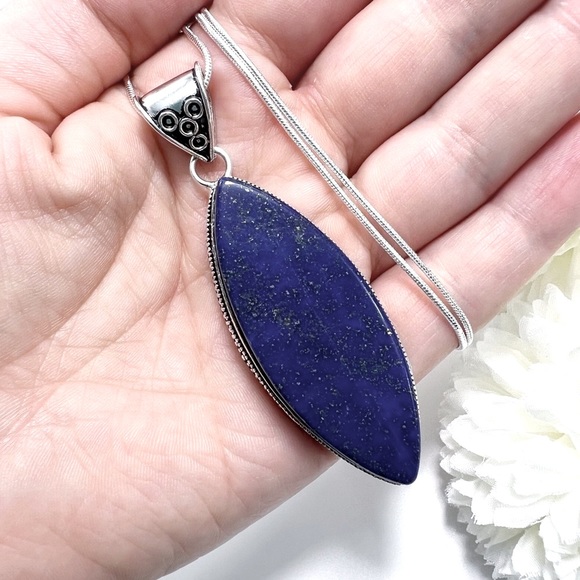 Large Lapis Lazuli Pendant Necklace Sterling Silver 925 Marquise Vintage Antique - Picture 3 of 11